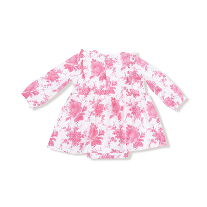 Vintage Pink Roses - Ruffle Long Sleeve Bodysuit Dress