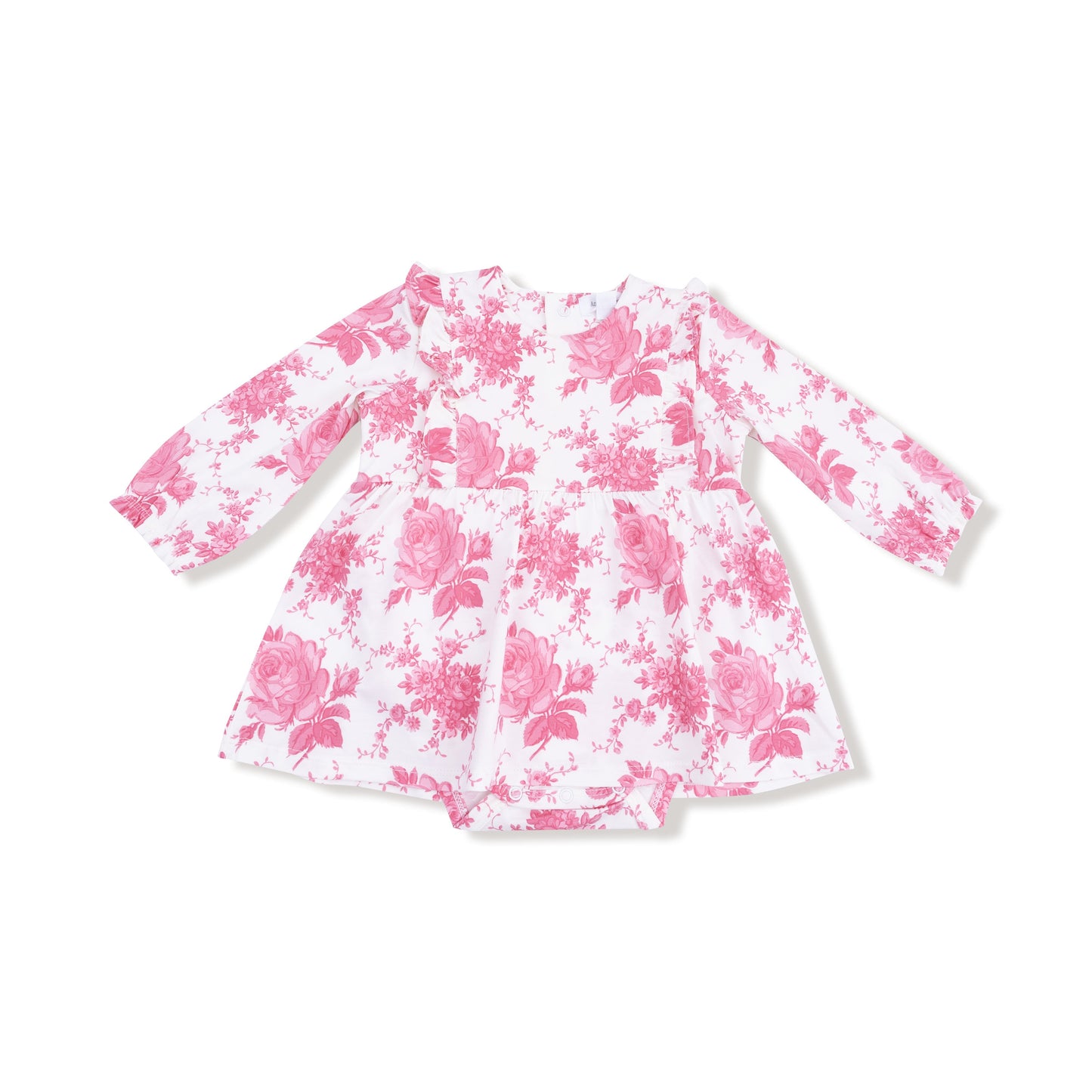 Vintage Pink Roses - Ruffle Long Sleeve Bodysuit Dress