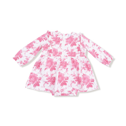 Vintage Pink Roses - Ruffle Long Sleeve Bodysuit Dress