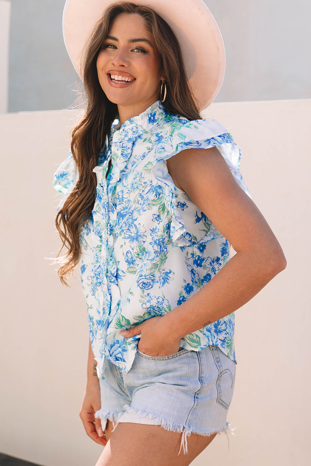 Threaded Pear Tiana Floral Ruffle Sleeve Button Up