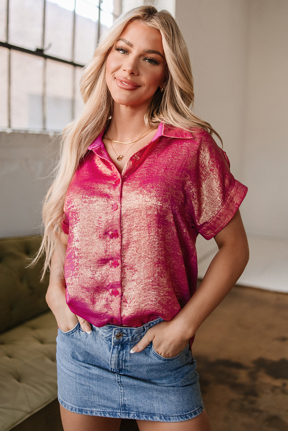 Threaded Pear Amoura Metallic Sheen Buttoned Top