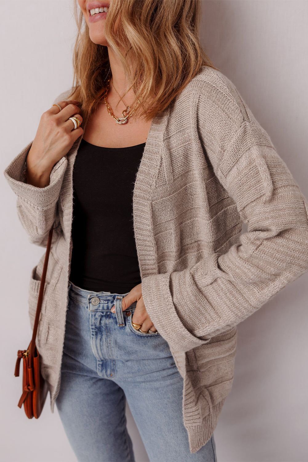 Threaded Pear Athena Knit Open Front Chic Cardigan with Pockets
