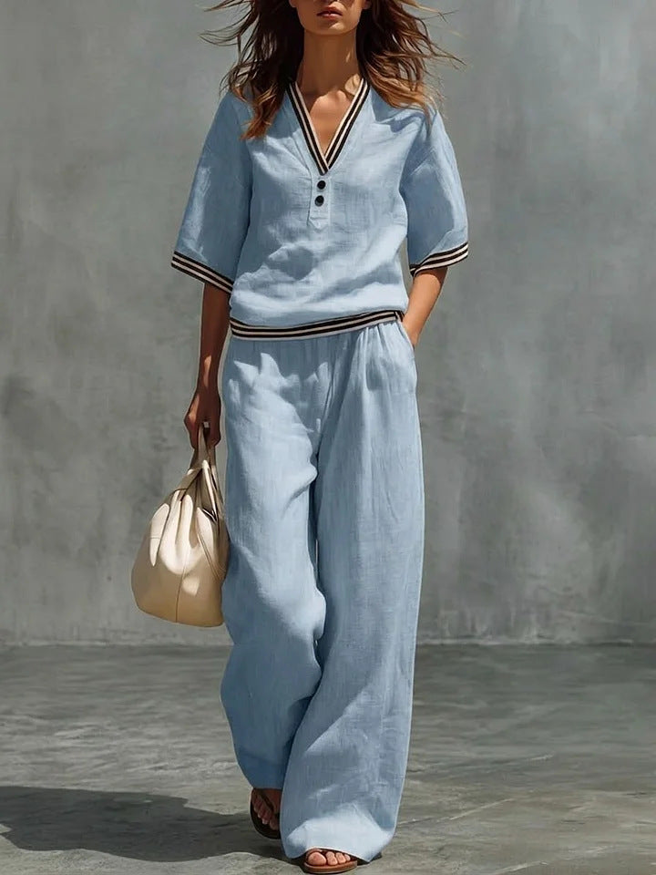 V-Neck Short-Sleeve Shirt & Pants Set – Cotton-Linen Two-Piece