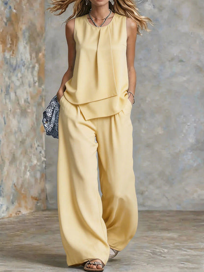 Women's Sleeveless Two-Piece Set – Solid Color Wide-Leg Pants & Top