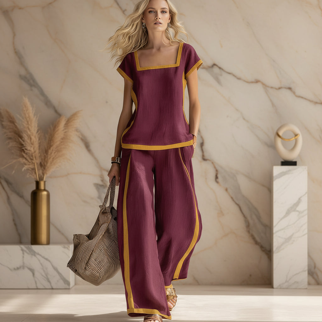 Women's Linen-Style Square Neck Cap Sleeve Top & Wide-Leg Pants Set with Contrast Trim