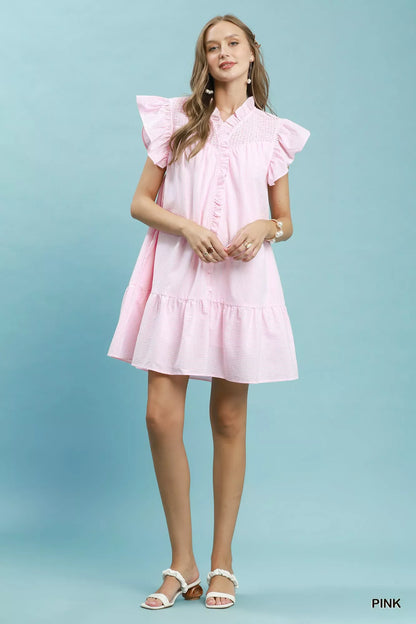 Umgee Stripe Smocked Yoke Ruffle Dress in Pink