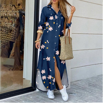 Women's Lapel-Collar Long Shirt Dress – Floral Print Midi Relaxed Fit