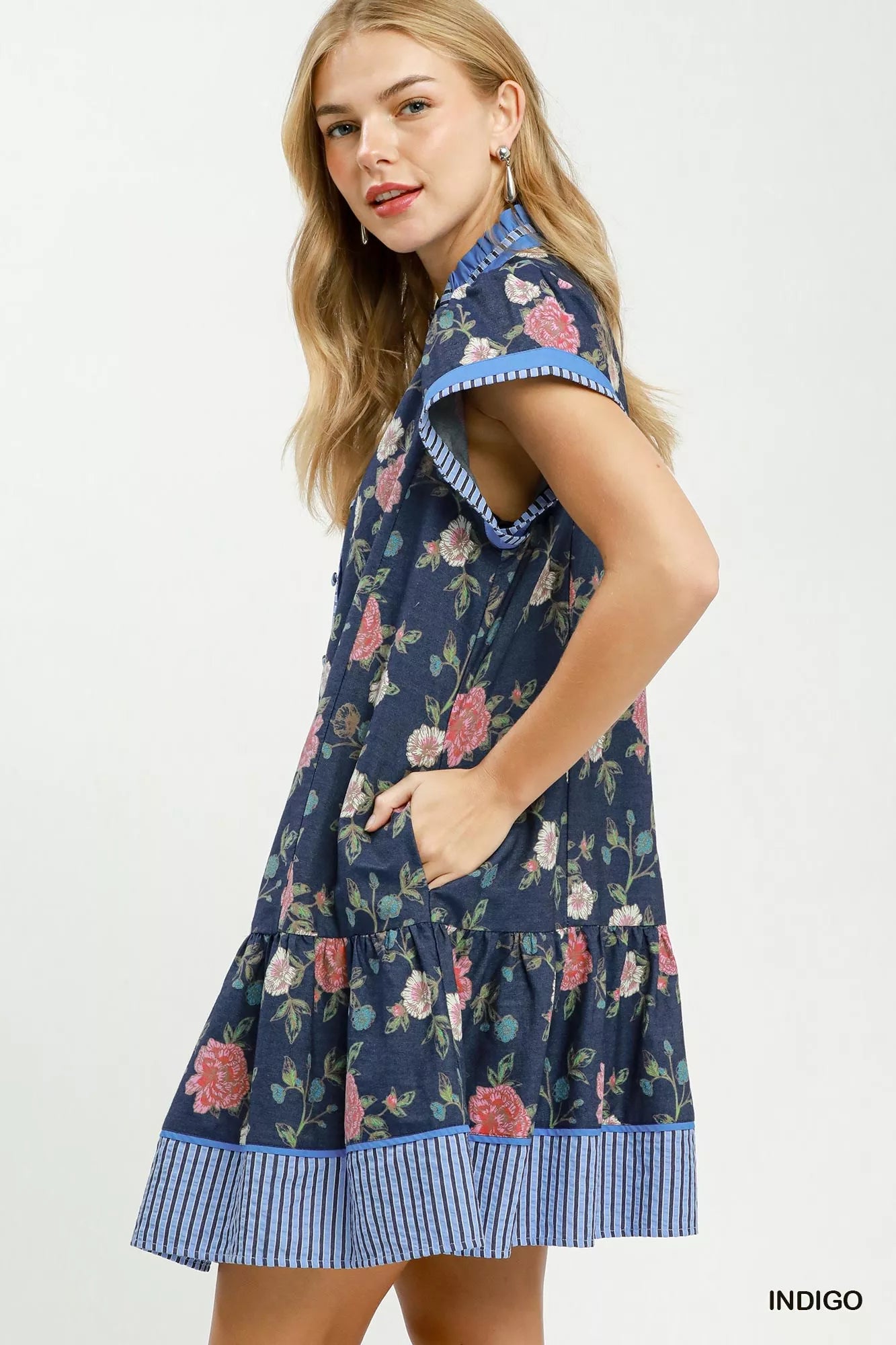 Umgee Floral Contrast Trim Ruffle Hem Mini Dress in Indigo