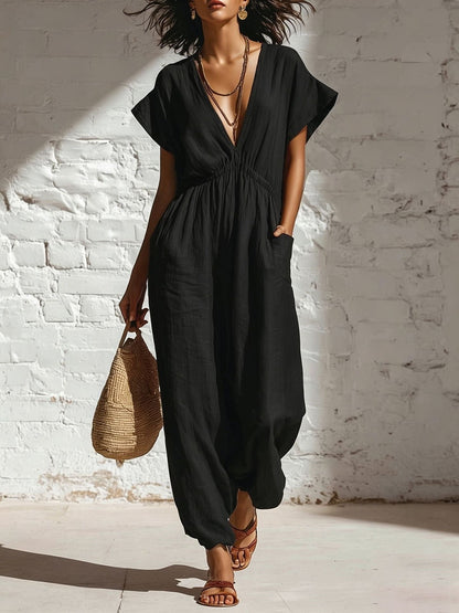 Women's Deep V-Neck Three-Quarter Sleeve High Waist Wide Leg Pants