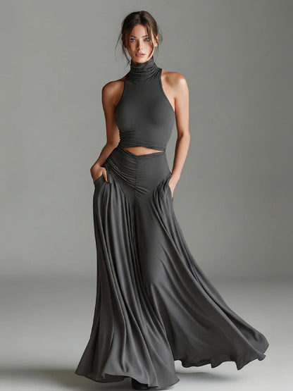 Women's Sleeveless High-Neck Top & Elegant Long A-Line Dress Two-Piece Set
