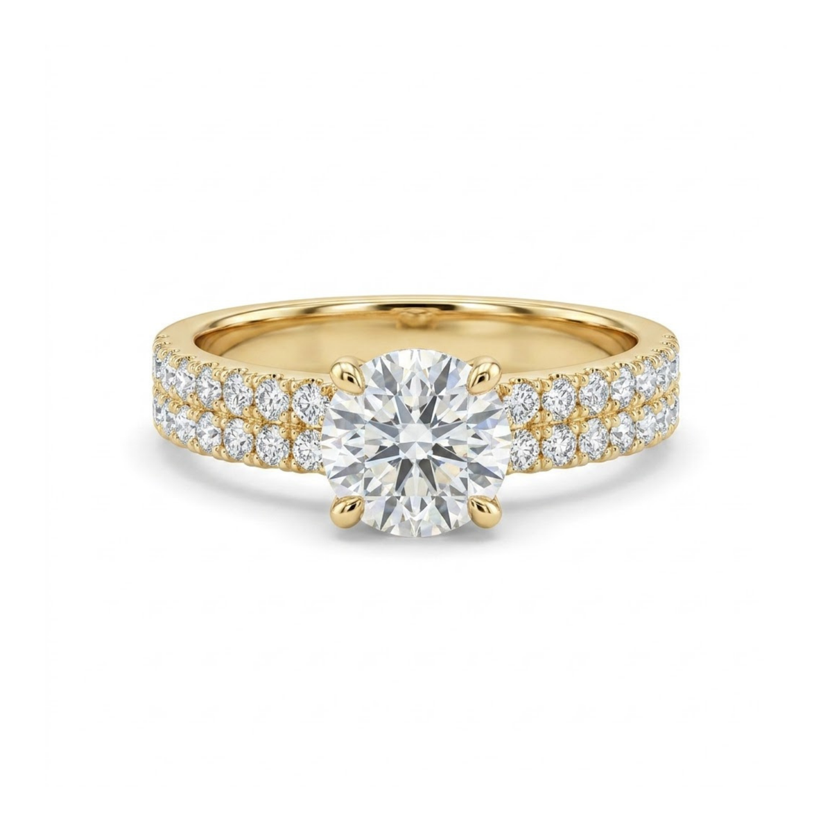 1.36 Cttw Round Gemstone Pave Diamond Double Row Band 14k Yellow Gold Engagement Ring