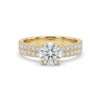 1.36 Cttw Round Gemstone Pave Diamond Double Row Band 14k Yellow Gold Engagement Ring