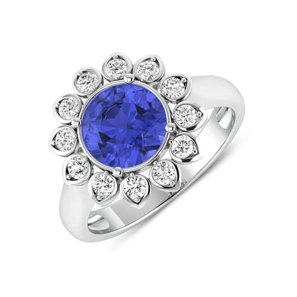 2.38 Ct Round Violet Tanzanite and White Diamond Prong 14k Gold Halo Statement Floral Ring
