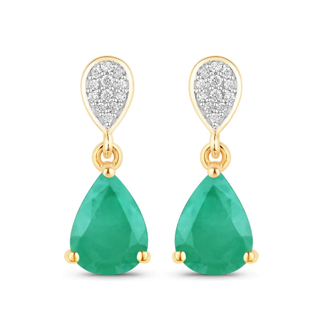 Pear Green Zambian Emerald Diamond Prong 10K Gold Teardrop Dangle Earrings