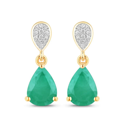 Pear Green Zambian Emerald Diamond Prong 10K Gold Teardrop Dangle Earrings