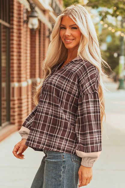 Threaded Pear Lauren Plaid Patchwork Long Sleeve Hooded Top