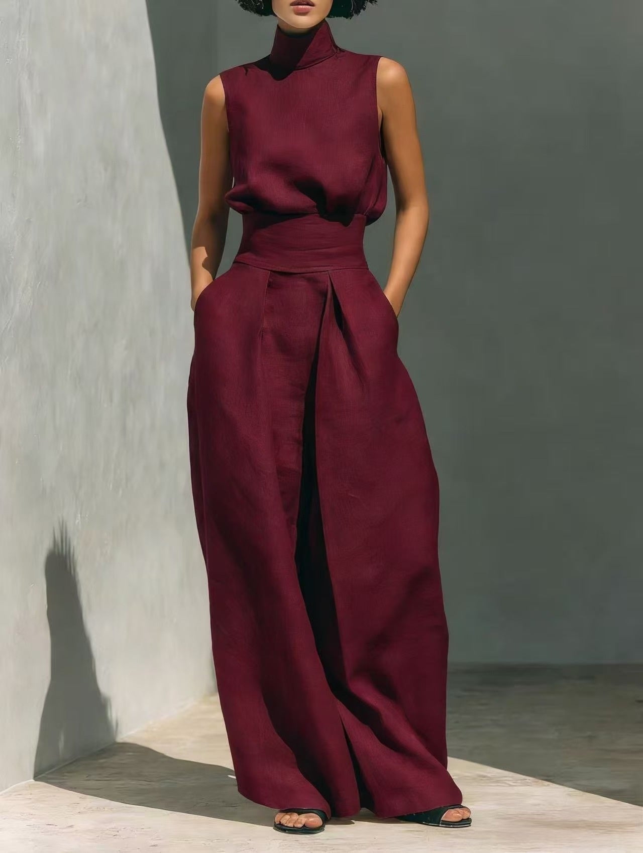 Women's Linen-Blend High-Neck Sleeveless Top & Wide-Leg Pants Set
