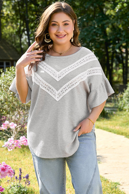 Threaded Pear Rory Plus Size Lace Insert Waffle Ruffle Top