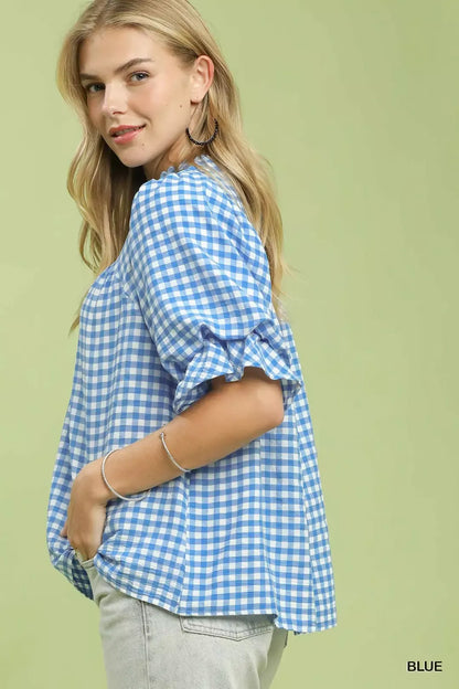 Umgee Gingham Check Blouse with Ruffle Sleeves