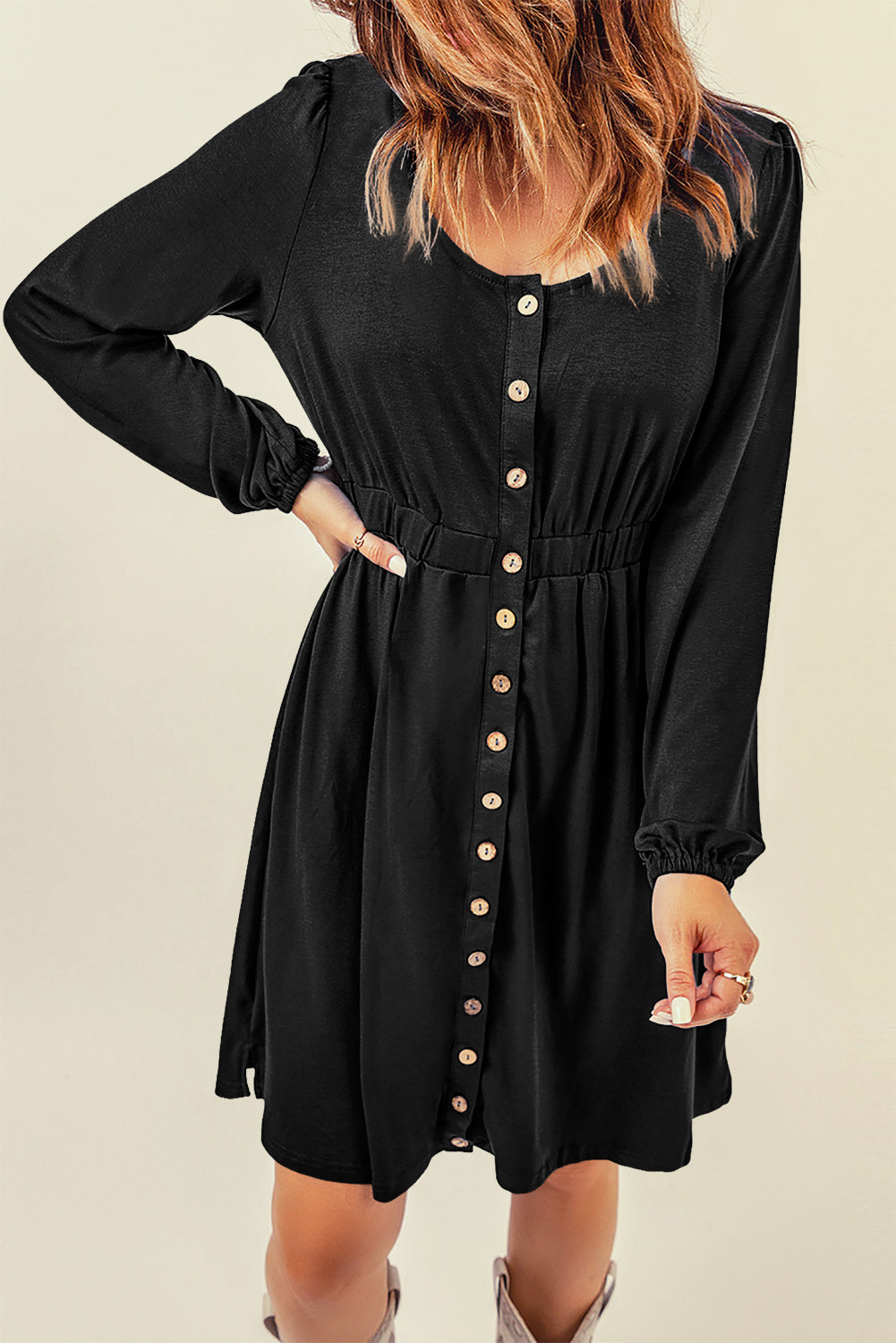 Threaded Pear Julianna Button Up High Waist Long Sleeve Dress