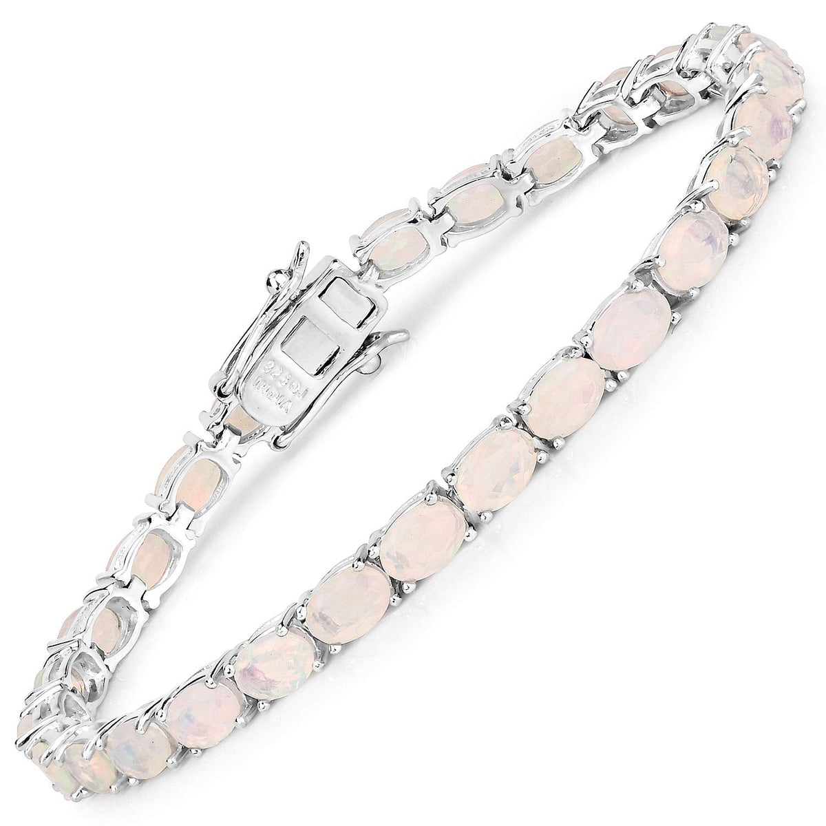 7.83 Cttw Oval White Ethiopian Opal Prong Rhodium Plated Silver Tennis Bracelet