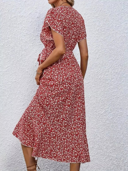 Floral Print Ruffle Hem Wrap Midi Dress