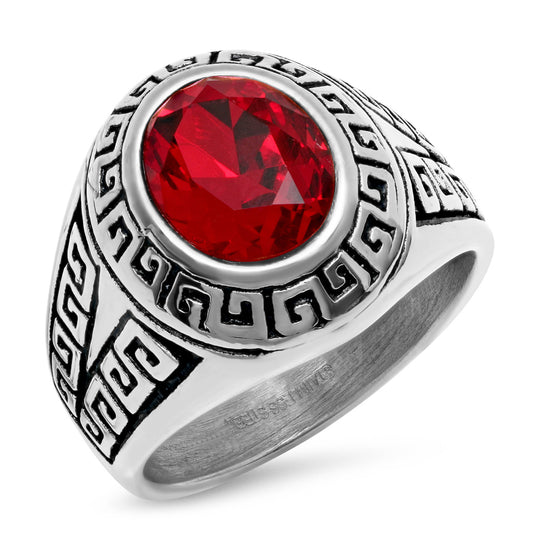Greek Key Accent Ring with Simulated Ruby