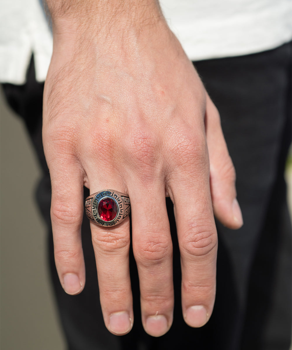 Greek Key Accent Ring with Simulated Ruby