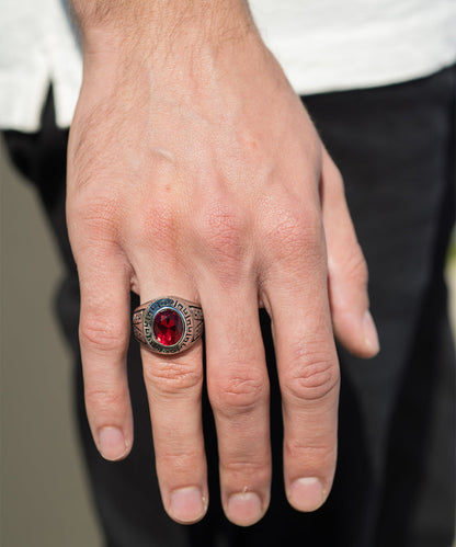 Greek Key Accent Ring with Simulated Ruby