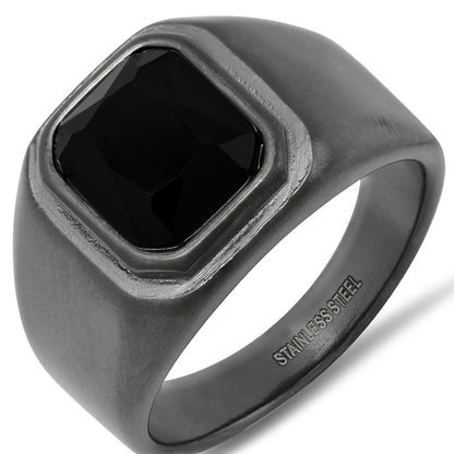 Black Emerald Cut Diamond Stainless Steel Ring