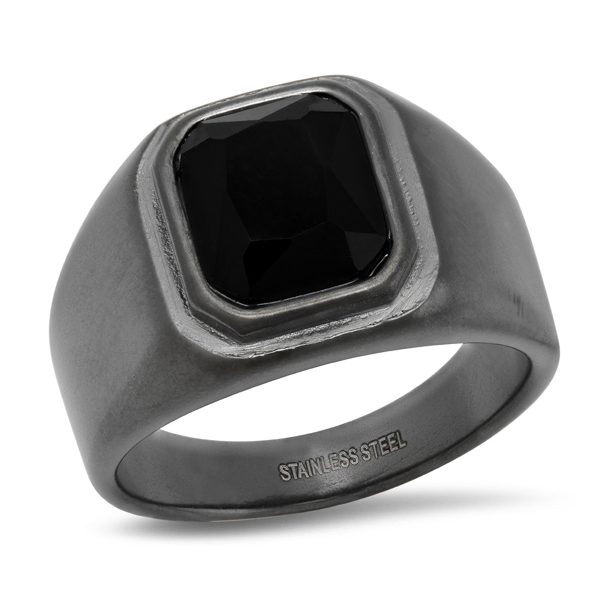 Black Emerald Cut Diamond Stainless Steel Ring