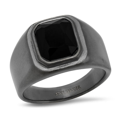 Black Emerald Cut Diamond Stainless Steel Ring