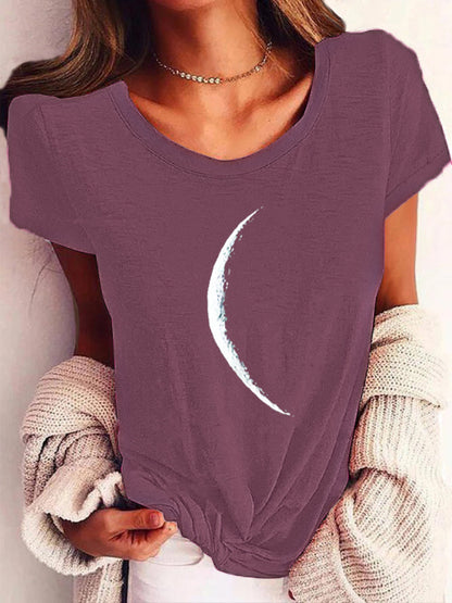 Wide Collar Printed T-Shirt – Casual Short Sleeve Top for Women