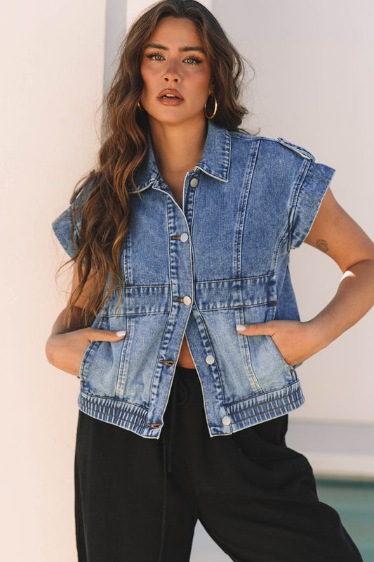 Threaded Pear Nora Blue Acid Wash Elastic Hem Button Up Denim Vest