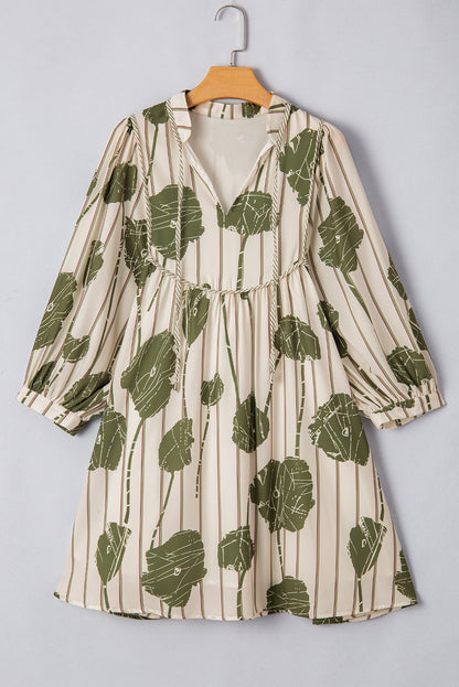Threaded Pear Angie Floral Striped Piping Puff Sleeve Dress