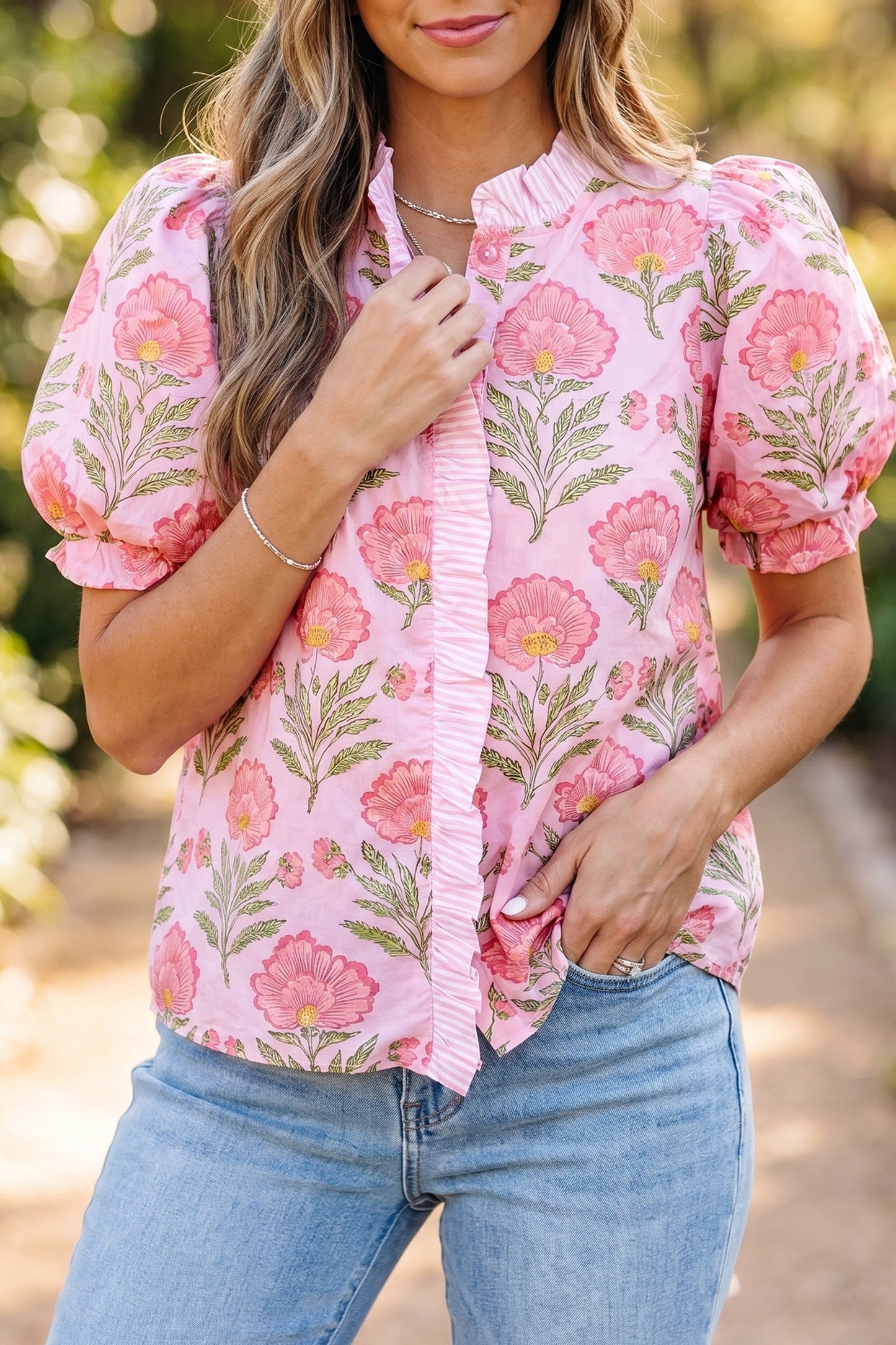 Threaded Pear Melanie Trim Puff Sleeve Shirt
