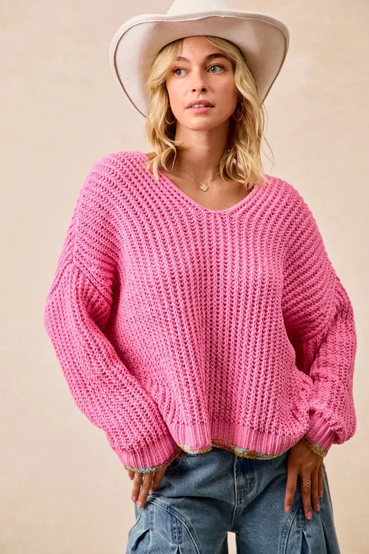 BiBi V-Neck Sweater with Colorful Trim