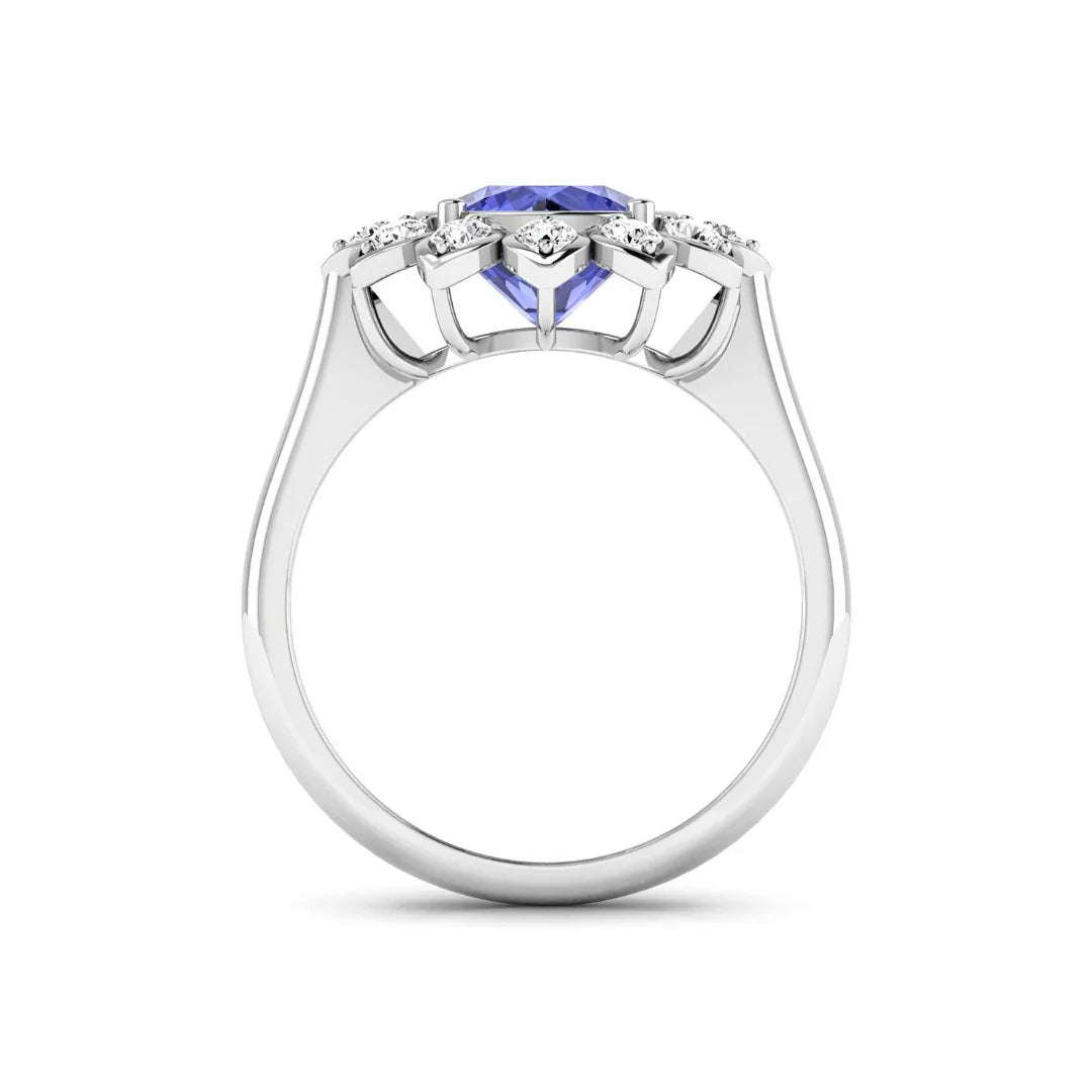 2.38 Ct Round Violet Tanzanite and White Diamond Prong 14k Gold Halo Statement Floral Ring