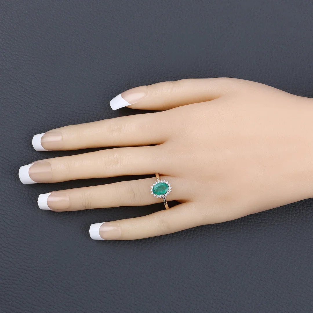 1.20 Ct Oval Green Zambian Emerald Diamond Prong 10k Gold Halo Ring