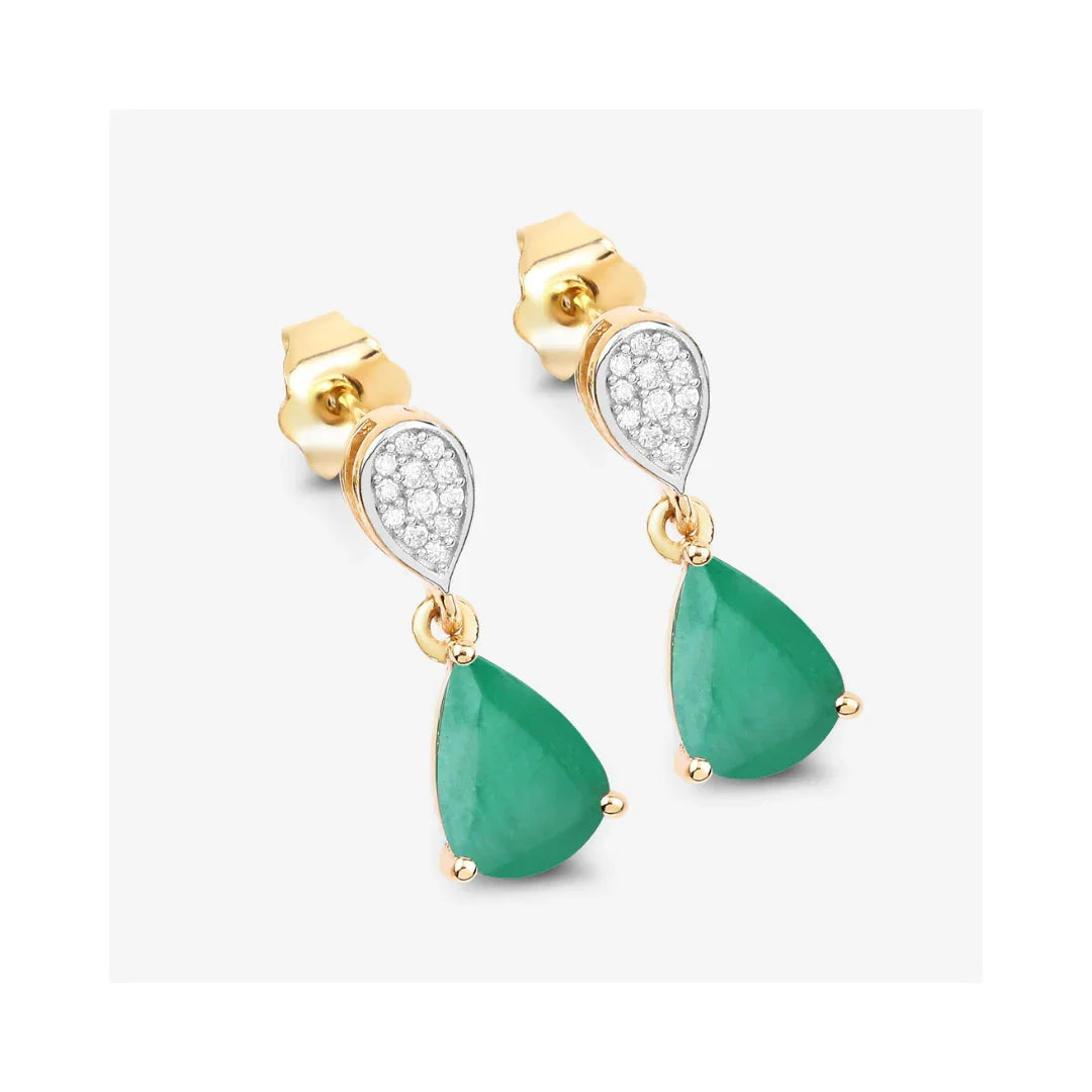 Pear Green Zambian Emerald Diamond Prong 10K Gold Teardrop Dangle Earrings