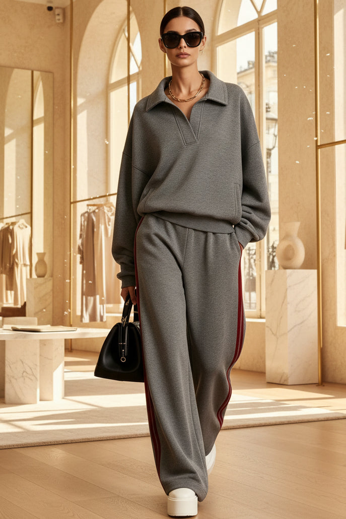 Women's Polo-Collar Oversized Sweatshirt & Side-Stripe Wide-Leg Pants Set