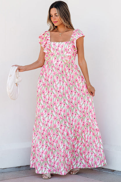 Threaded Pear Angelica Floral Ruffled Strap Maxi Dress