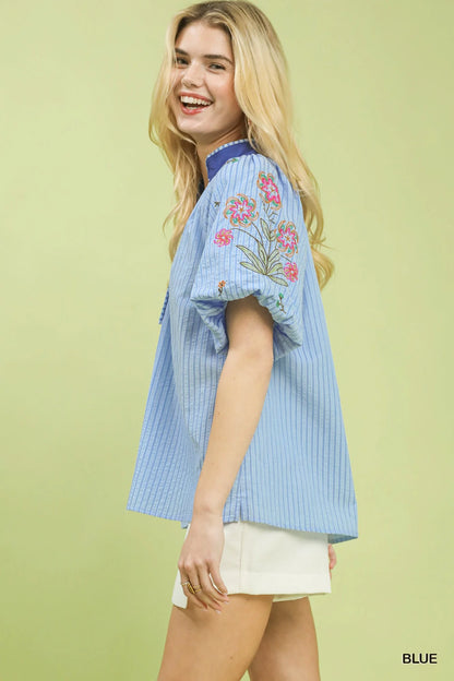 Umgee Embroidered Stripe Top in Blue