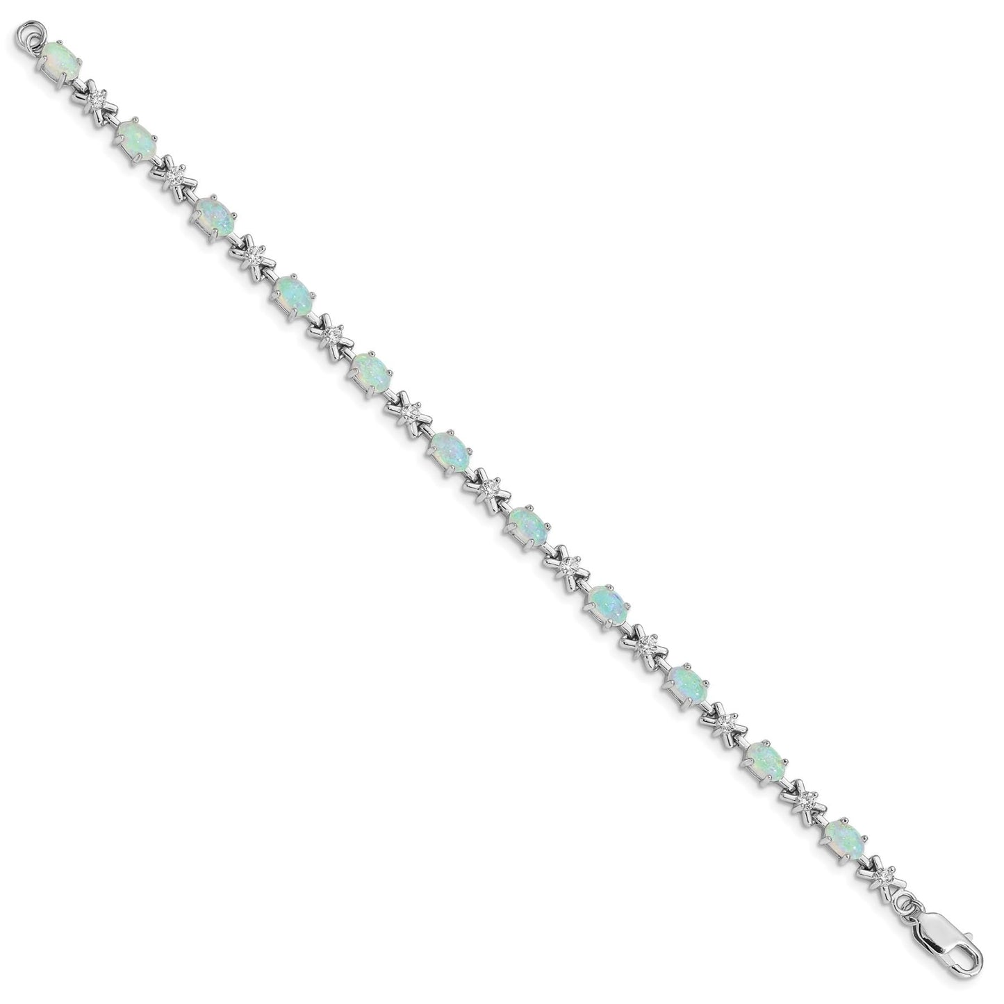 Oval White Created Opal & CZ Prong Sterling Silver X Link Bracelet