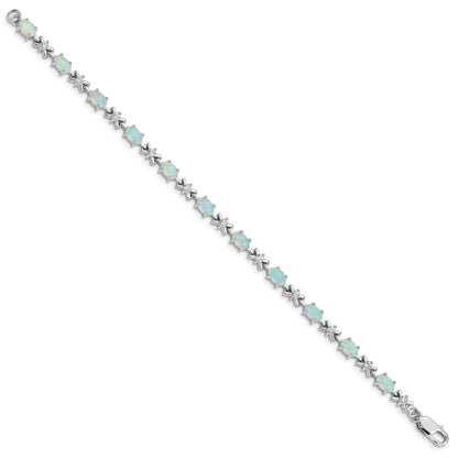 Oval White Created Opal & CZ Prong Sterling Silver X Link Bracelet