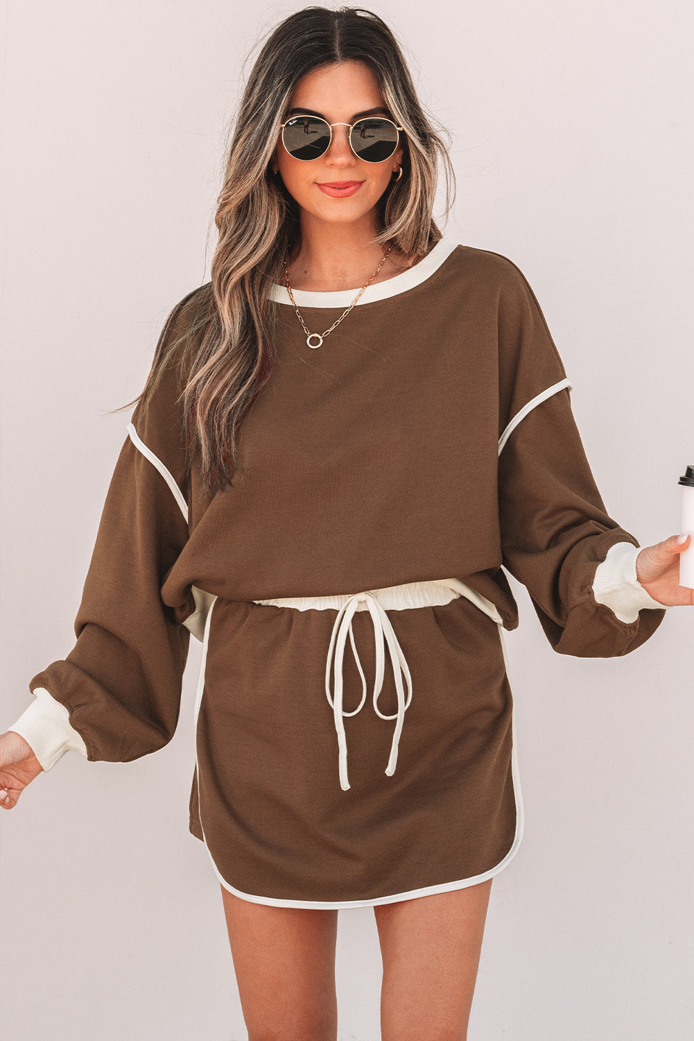 Violeta Loose Pullover and Lace-up Waist Skort Set - Threaded Pear