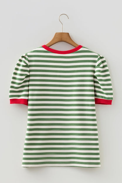 Kimberly Stripe Short Puff Sleeve Contrast Trim Round Neck Tee - Green