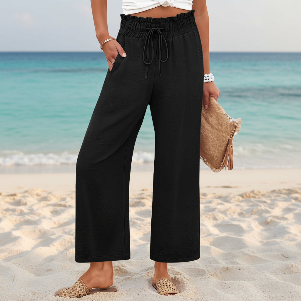 Women's Wide-Leg Cropped Pants with Lace Trim & Pockets