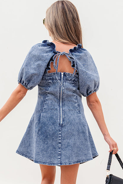 Threaded Pear Celia Square Neck Bustier Puff Sleeve Short Denim Dress