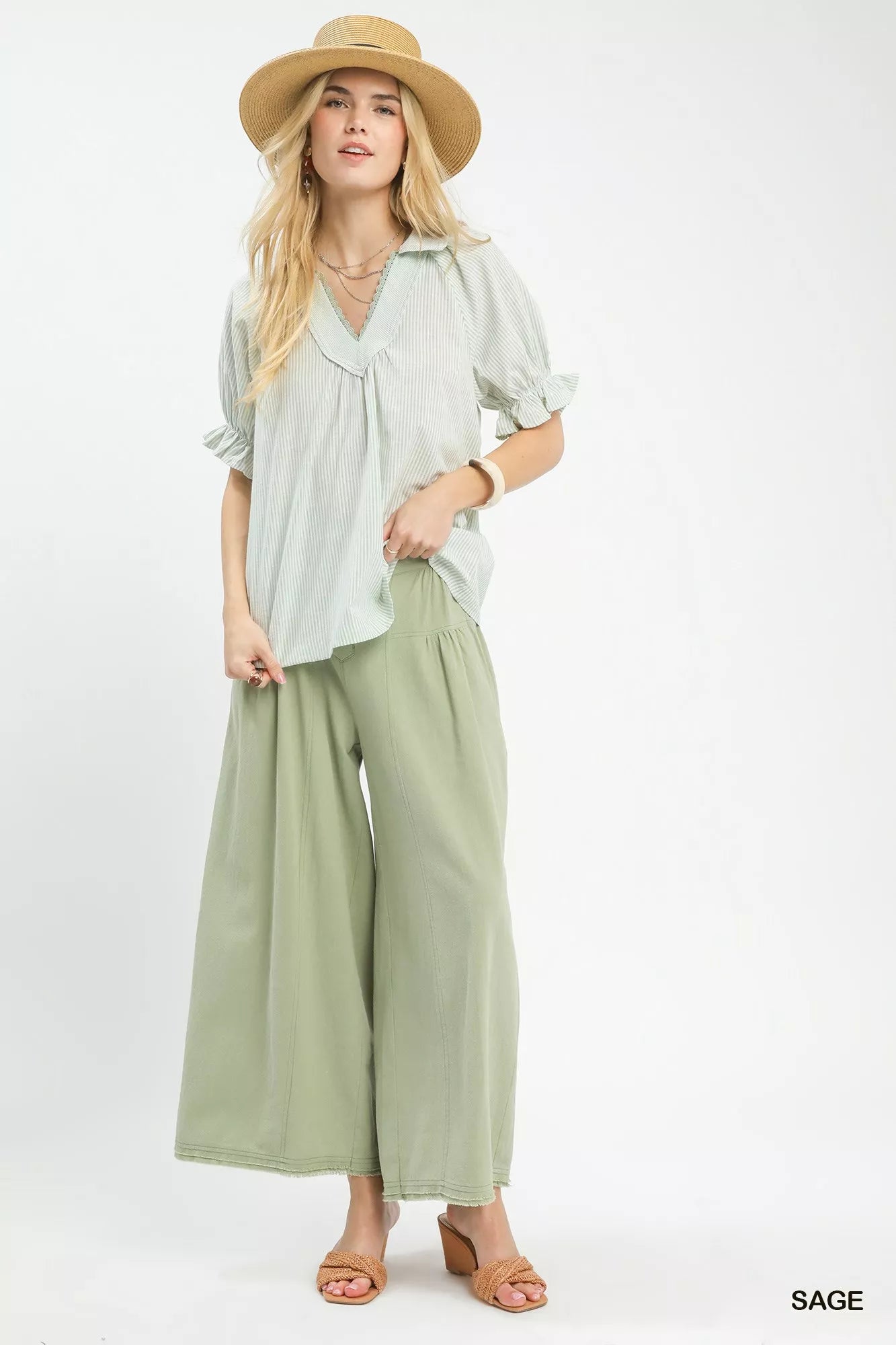Umgee Pinstripe V-Neck Ruffle Sleeve Blouse